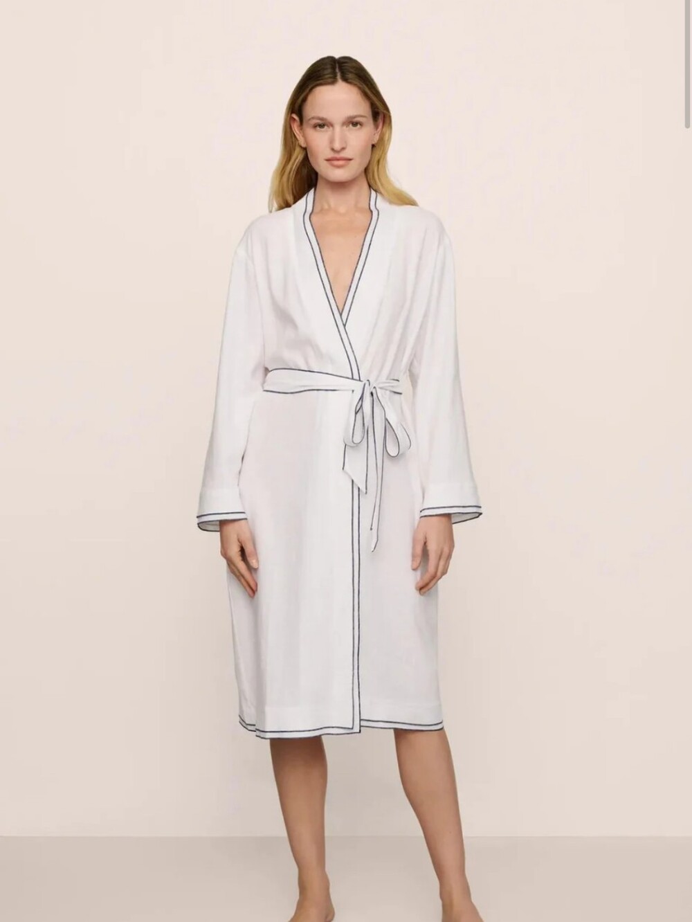 Eberjey Linen Blend Long Sleeve Robe White/Navy XL New